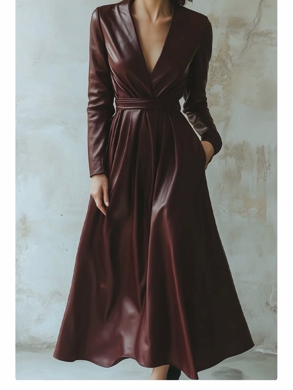 Long Sleeve Faux Leather Wrap Midi Dress in Burgundy